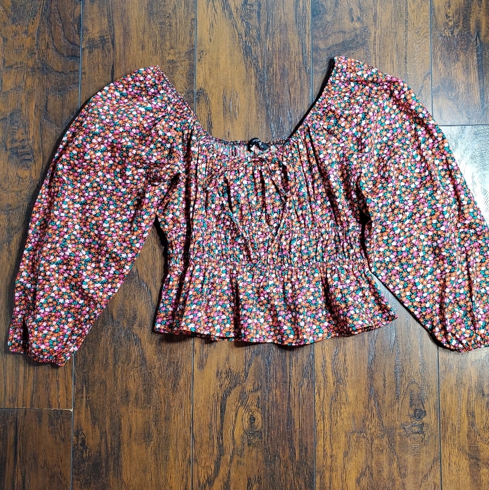 ZARA Red Floral Scoop Neck Puff-Sleeves Poplin Blouse